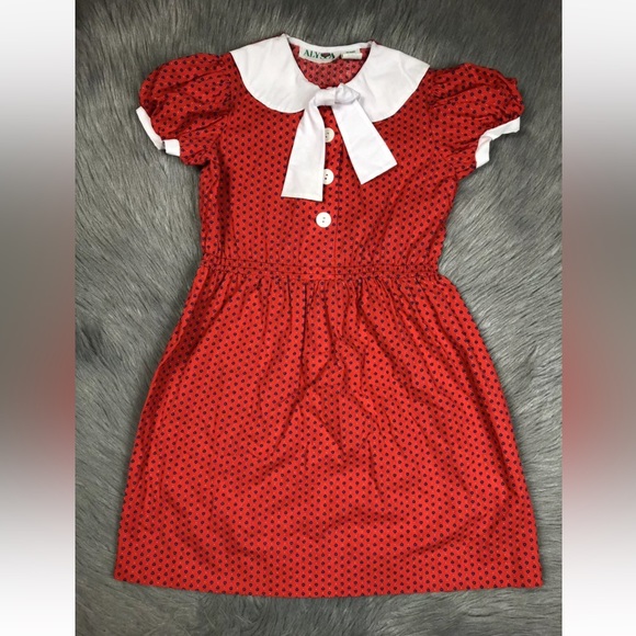 Vintage Girls Alyssa Red Blue White Heart Dot Neck Bow Tie Dress - Picture 1 of 10